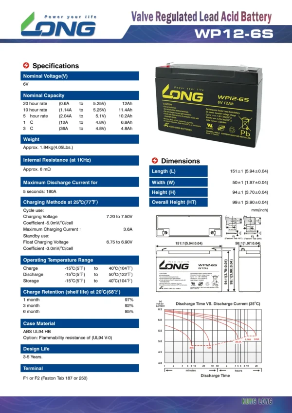 แบตเตอรี่ Long WP12-6S (6V12Ah) - Image 2
