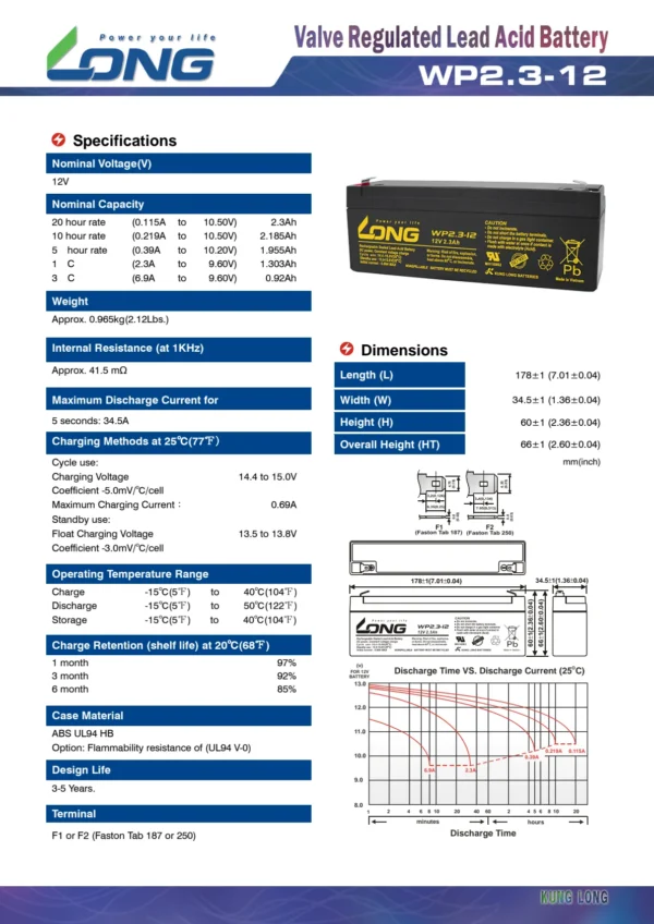 แบตเตอรี่ Long WP2.3-12 (12V2.3AH) - Image 2